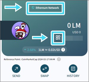 LM NOVA 지갑의 모습으로 이더리움 네트워크로 바뀐 모습과 QR코드 아이콘의 위치를 화살표로 가리키고 있다.